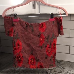 Kendall & Kylie Smocked off-the-shoulder crop top